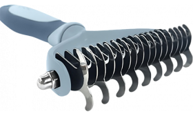Grey cat dematting rake comb with curved stainless steel blades, safe for cat’s detangling and coat care, easy to clean.