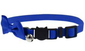 Breakaway cat collar with blue bow, adjustable, with silver bell and D-ring for cat tag. Fits cats of all sizes.