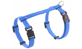 Blue cat harness with adjustable nylon straps, two black side-release buckles, and a silver top ring for leash attachment.