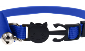Blue bow breakaway cat collar with cat-shaped safety buckle, adjustable fit, silver bell, and sturdy ring for cat tags.