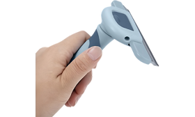 Cat grooming deshedding comb in grey and blue with ergonomic grip, stainless steel blade, and easy-to-clean design for cats.